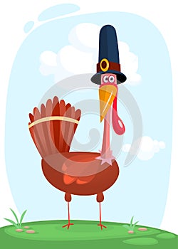 Cartoon illustration of a happy cute turkey wearing a pilgrim hat