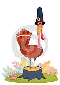 Cartoon illustration of a happy cute turkey wearing a pilgrim hat