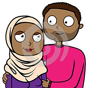 Cartoon illustration of happy muslim immigrant couple in love