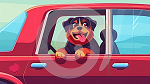 Cartoon illustration of a happy puppy rottweiler sitting in a red car with the window open.
