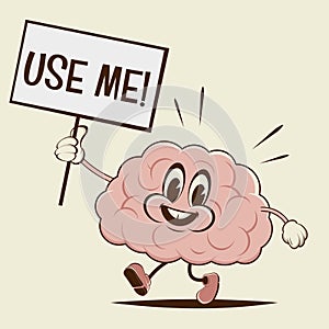 cartoon illustration of a happy walking brain with use me sign