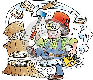 Cartoon illustration of a Happy Working Lumberjack or Woodcutter who chrop Wood