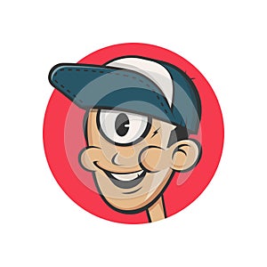 cartoon illustration of a head with cap and one eye