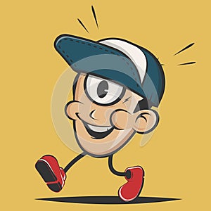 cartoon illustration of a head with cap and one eye walking