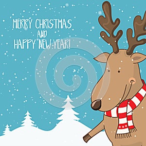 Cartoon illustration for holiday theme with Deer on winter background. Greeting card for Merry Christmas and Happy New Year.