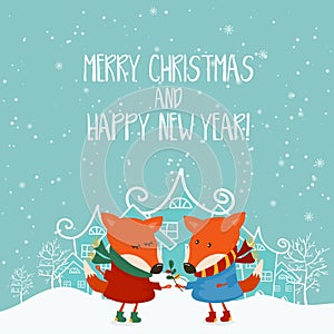 Cartoon illustration for holiday theme with fox on winter background. Greeting card for Merry Christmas and Happy New Year.