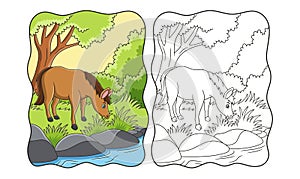 cartoon illustration a horse eating grass by the river under a big tree book or page