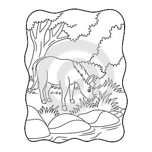 cartoon illustration a horse eating grass by the river under a big tree book or page black and white