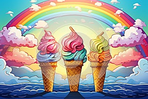 Cartoon illustration of an ice cream surrounded by clouds and a rainbow, AI Generate