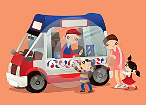 Cartoon illustration of an ice-cream truck vendor in Hong Kong