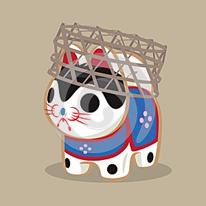 Cartoon illustration of a Japanese folk toy - paper craft dog doll Inu Hariko carrying with a bamboo basket.