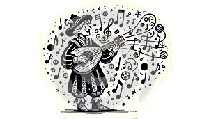 Cartoon illustration of a joyful musician playing guitar