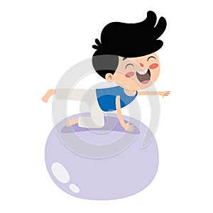 Cartoon Illustration Of A Kid Exercising On Swiss Ball