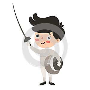 Cartoon Illustration Of A Kid Playing Fencing