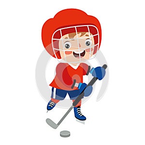Cartoon Illustration Of A Kid Playing Ice Hockey