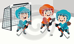 Cartoon Illustration Of A Kid Playing Ice Hockey