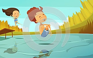 Cartoon Illustration With Kids Jumping Into Lake