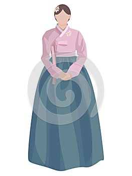 Cartoon illustration of a Korean woman in hanbok with natural motifs. Traditional Korean costume on a girl. Poster