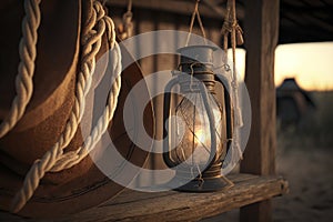 cartoon illustration, of a lantern and rope hanging in the cowboy camp, ai generative