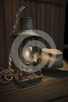 cartoon illustration, of a lantern and rope hanging in the cowboy camp, ai generative