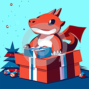 Cartoon illustration of a little fox in a red cloak with a gift box Generative AI