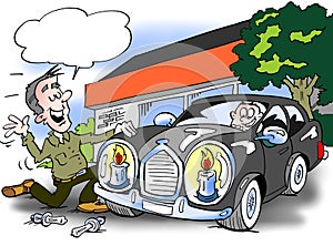 Cartoon illustration of A luxury car there has been fitted with new-saving headlight bulbs