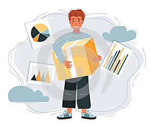 Cartoon illustration of man carrying big folder with files on white background. Analysis, analytics, business concept.