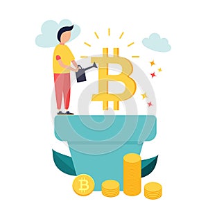 Cartoon illustration.Man growing bitcoins