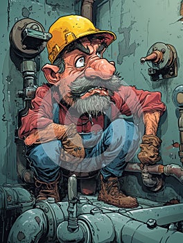 A cartoon illustration of a man in hard hat and overalls, AI