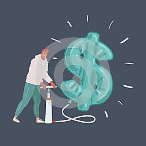 Cartoon illustration of man pumps a big air ballon inflatable dollar on dark background. Character with pumper on dark
