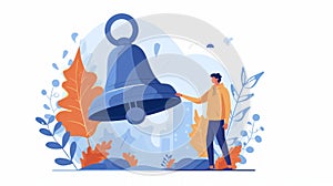 cartoon illustration of man ringing a bell in autumn forest background. Generative AI