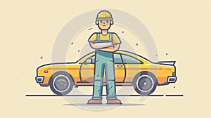 A cartoon illustration of a man standing next to his car, AI