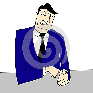 Cartoon illustration of a man in a suit pointing at his wristwatch indicating that it is too late