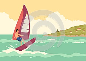 Cartoon Illustration of Man Windsurfing