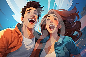 cartoon illustration of Man and woman characters laugh hysterically in flat cartoon style photo