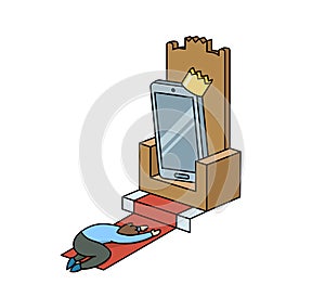 Cartoon illustration of a man worshiping a gadget on a throne. Gadget addiction, social media dependency concept. Flat