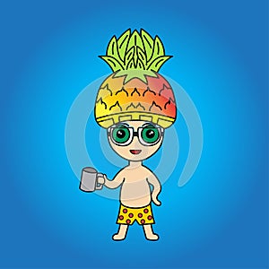 Cartoon illustration of the mascot character of a cute man with a pineapple head drinking juice or beer on a summer beach