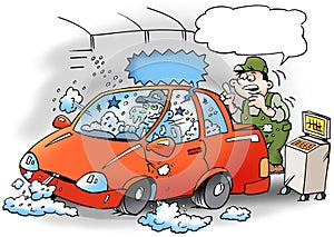 Cartoon illustration of a mechanic that tests the air conditioner in the car