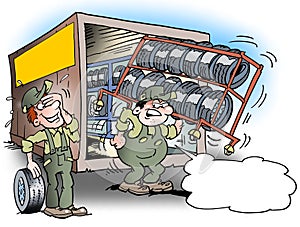 Cartoon illustration of a mechanic there are lifting a rack for tires