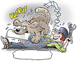 Cartoon illustration of A mechanic who get the newspaper delivered by his dog