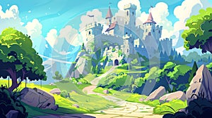 Cartoon illustration of medieval castle in green mountain valley, with stone towers, gates, and windows in summer