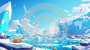 Cartoon illustration of melting icebergs and plastic garbage floating in the ocean. Concept of climate change and ocean