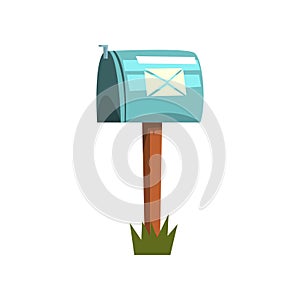 Cartoon illustration of metallic mailbox on wooden pole. Icon of blue closed postbox standing on piece of green grass