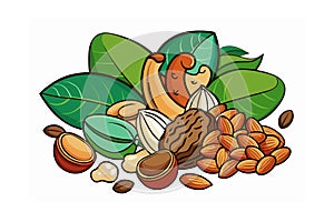 Cartoon Illustration of Mixed Nuts Almonds Cashews Walnuts