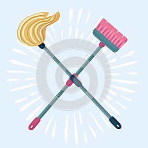 Cartoon illustration of mop and broom . Cleaning symbols