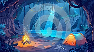 Cartoon illustration of mountain cave tourist camp with neon blue lake, bonfire, sleeping bag and underground river