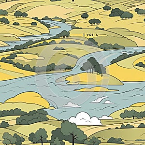 Cartoon illustration of a mountain and river in an English countryside style (tiled)