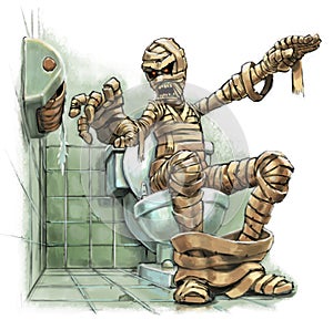 Cartoon Illustration of a Mummy on a Toilet with an Empty Roll