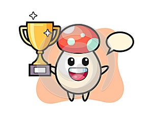 Cartoon Illustration of mushroom is happy holding up the golden trophy