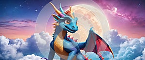 Cartoon illustration of a mythical blue dragon in the clouds under a full moon